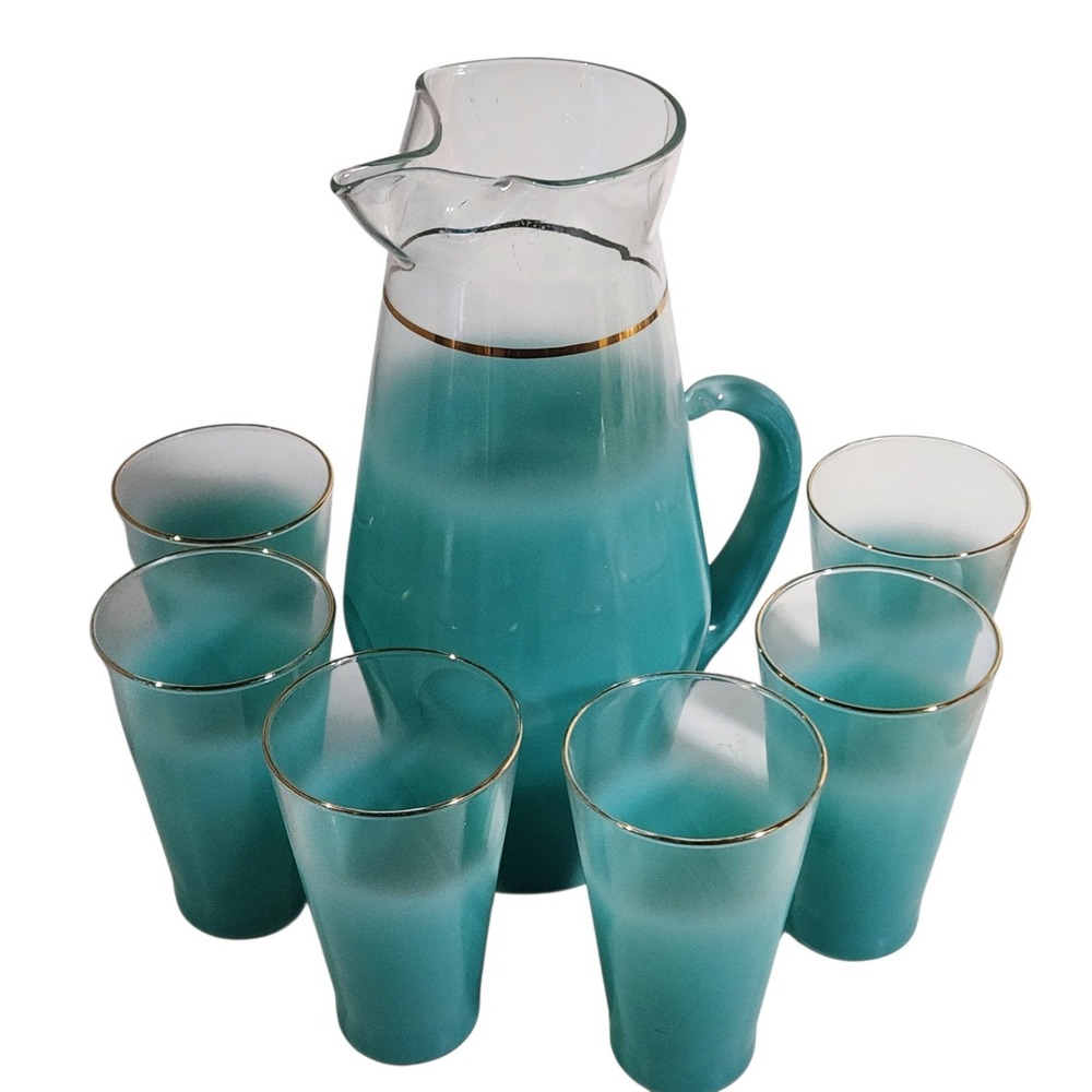 Vintage Aqua Frosted Glass Beverage Set Pitcher and 6 Tumblers Gold Rim  7 piece